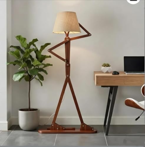 Image of Modern Wooden Adjustable Swing Arm Floor Lamp with Fabric Shade | Modern Wooden Human Shape Floor Lamp for Living Room, Bedroom & Office | Walnut Finish Decorative Lighting