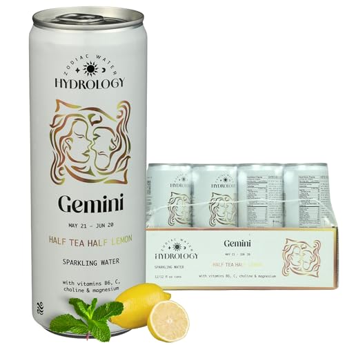 Hydrology Zodiac Water - Gemini Half Tea Half Lemon - Organically Flavored Social Sparkling Water with unique Vitamins and Minerals tailored to the Gemini Zodiac Sign, Astrology Drink for Birthday Gift (12-Pack, Gemini - Half Tea Half Lemon)