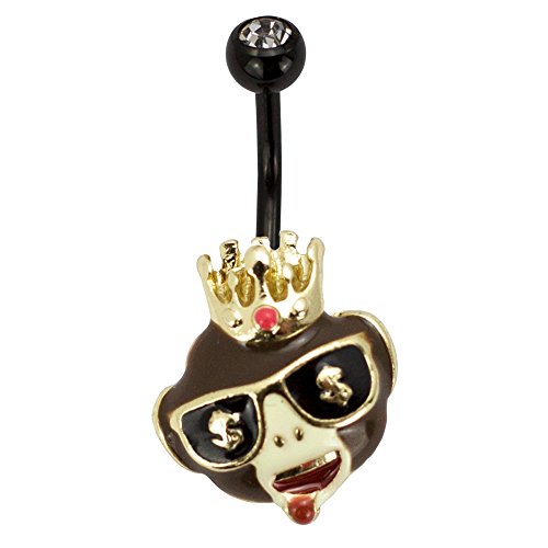 emoji Belly Ring Piercing, Royal Monkey, Fun Emoticon Face Belly Banana, Stainless Steel Belly Button Ring, 14 Gauge - 7 16  Barbell Length - Officially Licensed