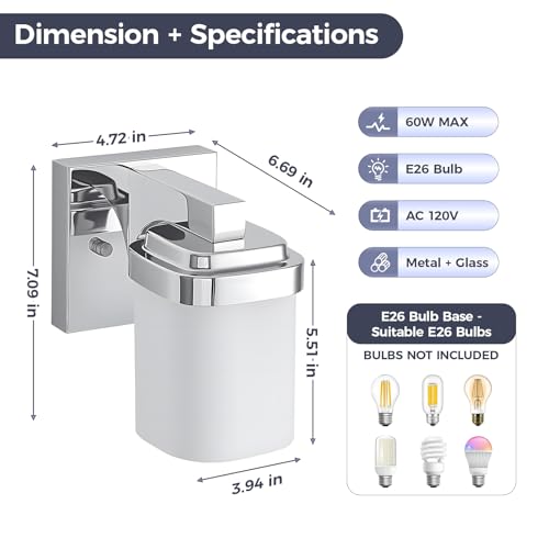 Image of 4.72 Inches Bathroom Vanity Lights, 1-Light Chrome Bathroom Llight Fixtures Over Mirror with Milky White Square Glass Shade, Modern Farmhouse Bathroom Wall Lamp, Wall Sconces Set of Two