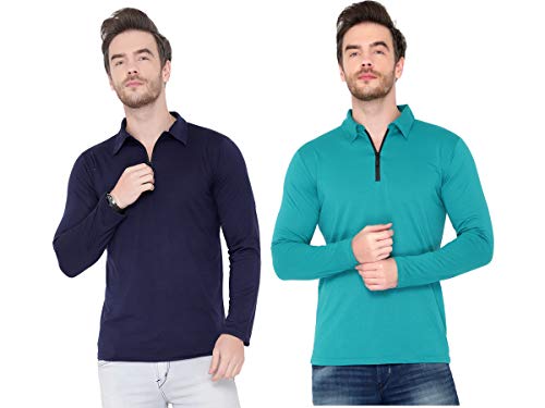 Image of Men's Cotton Blend Full Sleeve Zip Neck Polo T-Shirt (Pack of 1)