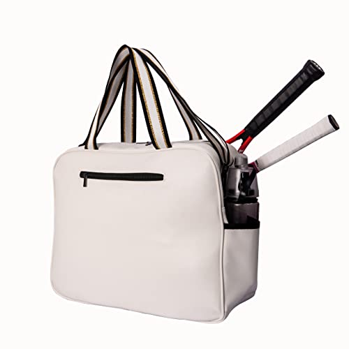 Remobia Hicol White PU Leather Women Large Sports Handbag Tennis Racket Shoulder Bag Tennis Tote Bag for 2 Rackets, with Water Bottle Holder