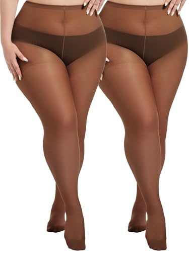 Image of Plus Size Sheer Tights for Women 20D Control Top Pantyhose Soft Stockings with Reinforced Toes 2 Pairs