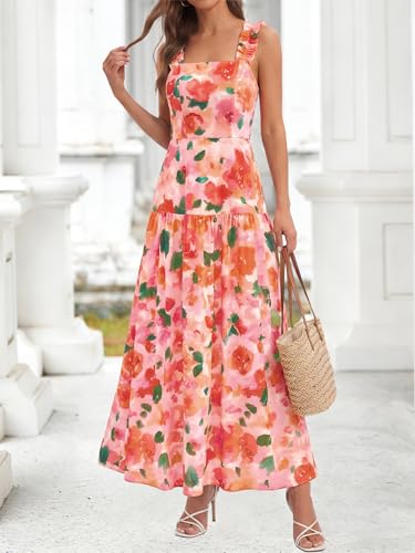 Image of BTFBM Dresses for Women Summer 2026 Formal Sleeveless Smocked Floral Long Wedding Guest Dress Party Spring