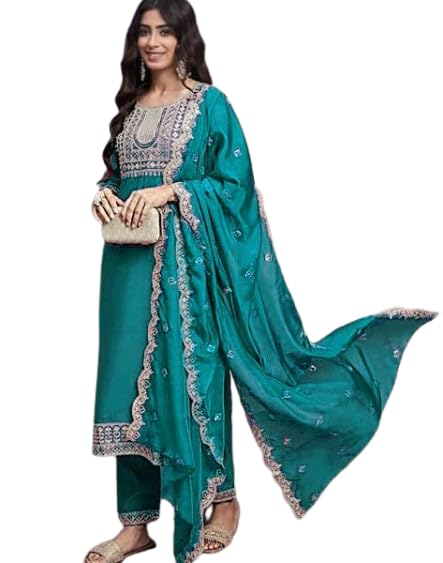 Women's Embroidered Kurta with Pant and Organza Dupatta Set, Ethnic Wear, Cotton Blend, Pack of 1 Pair-image-34