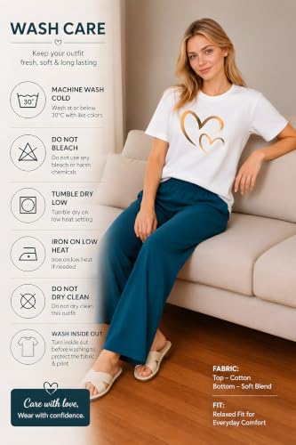 Image of ELVIA Women's Pure Cotton Top and Pyjama Co-Ord Set | Double Heart Graphic Printed Night Suit | Regular Fit Half Sleeve Round Neck T-Shirt with Pajama Sleepwear Loungewear Set
