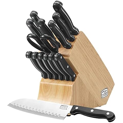 Chicago Cutlery Essentials 15 Piece Stainless Steel Kitchen Knife Set with Shears, Paring, Fruit, Utility, Santoku, Bread, and Steak Knives, Knife Set for the Kitchen with Block Cover