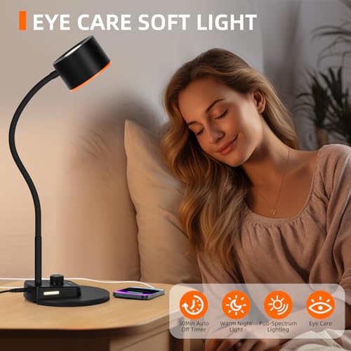 Desk Lamp, LED Desk Lamp with USB C + A Charging Ports, 5 Colors Stepless Dimmable Table Lamps Eye-Caring Reading Lamp for Bedside Table Full Metal Efficient Gooseneck Desk Light for Home Office Black - Image 4