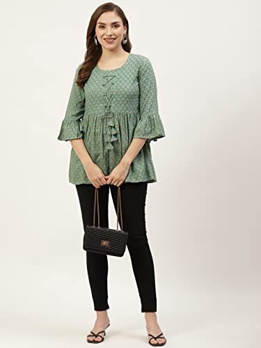 Image of Hisham Women's Stylish Rayon Printed Flared Top for Women | Trendy and Comfortable Green