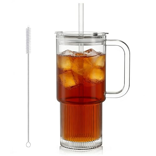 KEMORELA 768ml Glass Tumbler with Straw and Lid, Ribbed Glass Cup with Handle, Leakproof Lid, Iced Coffee & Juice Tumbler, Dishwasher Safe for Home, Office & Car