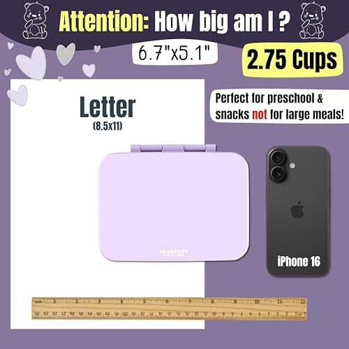 Image of BEARFOOT Kids Lunch Box with Compartments - Compact & Lightweight | Leak-Proof, BPA-Free, Dishwasher Safe | Hand-Drawn Design for Preschool, School, Travel (Purple, 2.75 Cups)