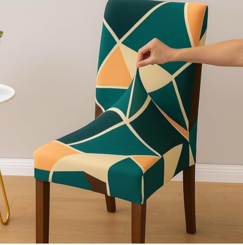 Image of Homerz Premium 6 Seater Dining Table Cloth with 6 Dining Chair Covers,Elastic Fitted Chair Slipcovers, Printed Polycotton Fabric, Table Cloth Size 60x90 inch (Green Geometrical)