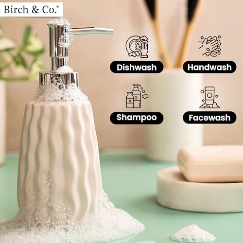 Image of Birch & Co. Ceramic Soap Dispenser For Wash Basin - Handwash Dispenser Bottle - Leak-Proof Design With Silver Glossy BPA-Free Pump, Velo, White,Soapdispenser Velo White