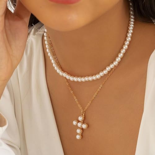 Pearl Necklaces for Women, Gold Pearl Choker Dainty Single Pearl Necklace Layered Daisy Necklace Set Pendant Strands for Bride Bridesmaids, Homecoming Costume Prom Jewelry Wedding Gifts
