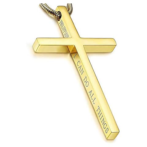 Philippians Cross Pendant Necklace for Men Women Stainless Steel Necklace Snake Chain 22 in (Golden Tone) Cover