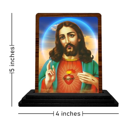 Image of Lord Jesus Wooden Idol for Car Dashboard & Home Decor - Sacred Christian Figurine Showpiece for Worship, Prayer & Gifting - Brown Wood (Size: 7.5 x 10 cm)
