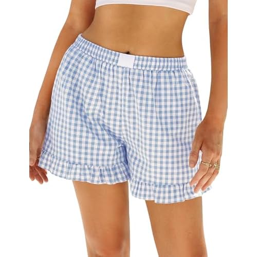 Marvmys Womens Boxer Shorts Cotton Pajama Bottoms Summer Gingham Ruffle/Lace Shorts Casual Y2K Beach Shorts S-2XL XX-Large Ruffle - Light Blue Plaid