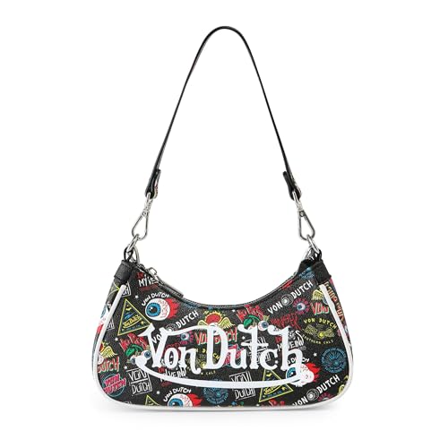 Von Dutch Womens Graphic Shoulder Bag Stylish Handbag with Adjustable Strap Spacious Interior and Iconic Logo Design (Black JAX)