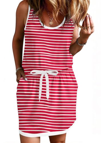 Image of Yousify Womens Summer Sleeveless Striped Dress Drawstring Waist Casual Tank Mini Dresses with Pockets
