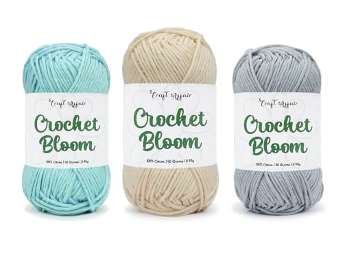 Image of Craft Affair | Crochet Bloom Cotton Yarn 8ply (Each Color 2mm, 77Meter, 50Gram) 100% Pure Cotton | for Knitting Yarn | Craft & DIY Project: Candy-Blue, Off White, Steel Grey