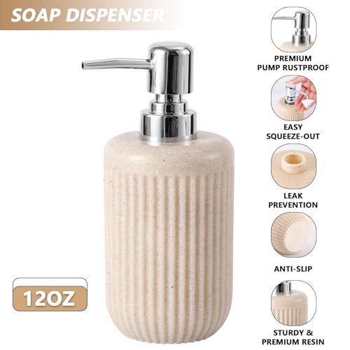 XLHOMO Resin Beige Bathroom Accessories Set 5 Pcs, Lotion Soap Dispenser, Toothbrush Holder, Bathroom Tumbler, Qtip Holder and Vanity Tray, Bathroom Countertop Organizer Set for Modern Home Apartment by XLHOMO - Image 3