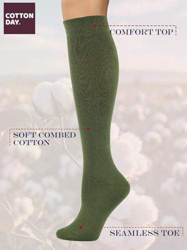 Image of COTTON DAY Women's Soft Combed Cotton Knee High Long Calf Dress Socks Seamless Toe Black White Gray Navy Blue Brown 3 Pack