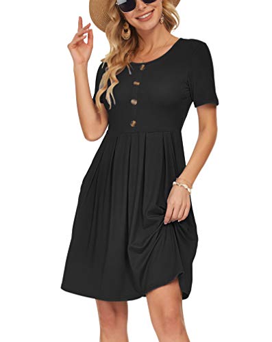 AUSELILY Women's Short Sleeve Summer Dress Pleated Button Down Knee Length Dresses with Pockets 2025 New2