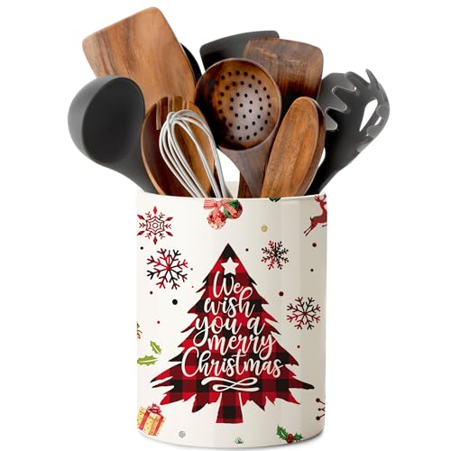 Hexagram Christmas Kitchen Decor Ceramic Utensil Holder, Cute Red Christmas