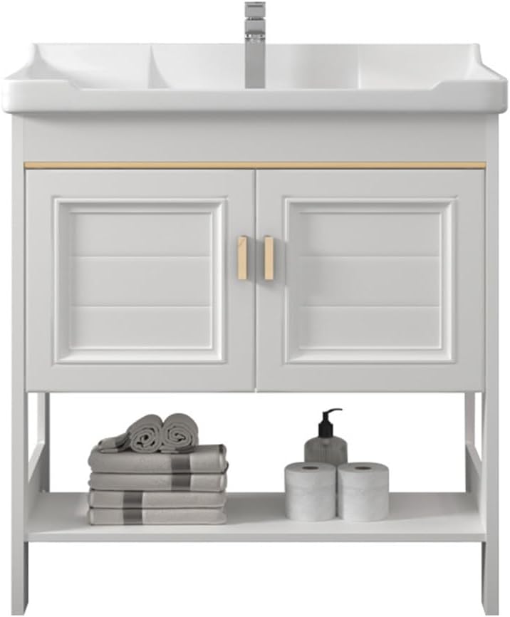 White Kitchen Ceramics Utility Sink with Cabinet and Storage Rack Free Standing Sink with Hot Cold Faucet with Storage Shelve for Garage Restaurant Kitchen Laundry Room (Small)