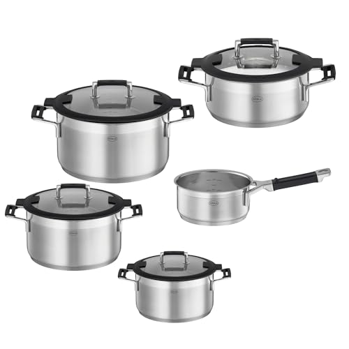 RÖSLE SILENCE PRO Topf-Set 5-tlg., Universaltopfset mit 3 Kochtöpfen, 1 Bratentopf und 1 Stielkasserolle, Edelstahl 18/10, Glasdeckel, Innenskalierung, induktions- und spülmaschinengeeignet