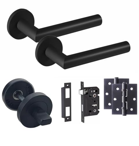Golden Grace Mitred Design Bathroom WC Toilet Door Handles Set on Round Rose in Matt Black Finish with 64mm Bathroom Mortise Lock, 3 Ball Bearing Hinges & Thumbturn