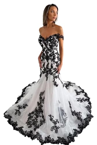 PFTFB Vintage Black Mermaid Wedding Dresses for Women Lace Sparkly Tulle Bridal Gowns with Train Off The Shoulder Applique Plus Size Wedding Gown 16