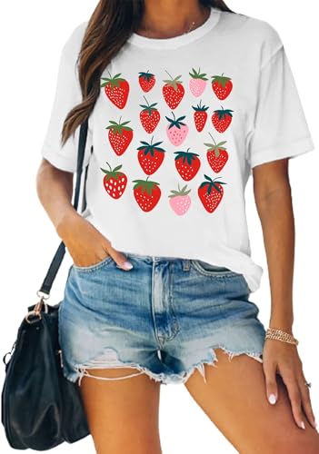 Damen Erdbeer T-Shirts Obst Shirts Erdbeeren Grafik-Tshirt Gartenbekleidung Gärtner Geschenk Oberteile (Weiß-a XL)