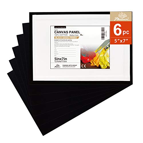 PHOENIX Black Painting Canvas Panel Boards - 5x7 Inch/6 Pack - 1/8 Inch