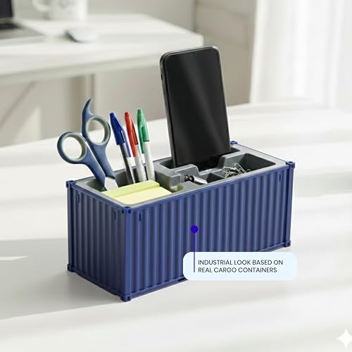 Image of Shipping Container Pen Stand, Container Style Desk Organizer Pen Stand for Office Table Shipping Company (Blue)