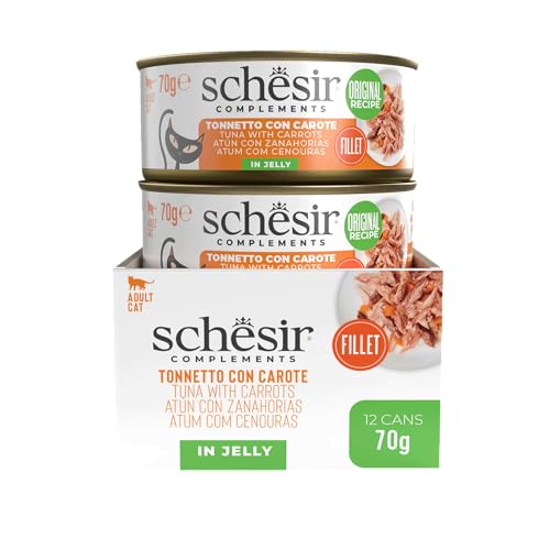 Schesir, Thunfischfilets mit Karotten in Gelee, ergänzendes Nassfutter für Katzen, Originalrezept, 100% natürlich, 12 Dosen à 70 g