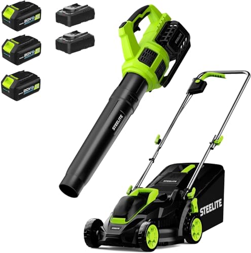 Steelite 13-Inch Cordless Lawn Mower & Leaf Blower Cordless Combo Kit with 2 * 4.0Ah 21V Batteries and Chargers, for Lawn Care and Garden, 2 Packages