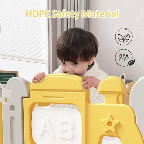 Image of Dawnwake Assembly-Free 14 Panel Playard, Baby Playpen Fence with Crawling Mat and Football for Baby Upto 8 Years with Safety Locking Door & Drawing Board (150x150cm, Foldable) -Yellow
