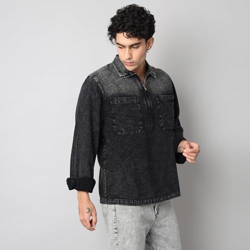 Image of Men's Denim Casual T Shirt | Oversized Fit | Spread Collar & Full Sleeve