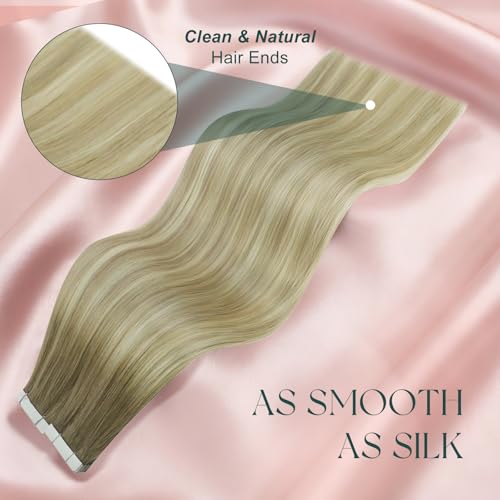 Image of Easyouth Tape in Extensions Human Hair Ombre Blonde Tape in Hair Extensions Human Hair Blonde Ombre Light Brown with Platinum Blonde Tape in Real Hair Extension for Women 22 Inch 20pcs 50g