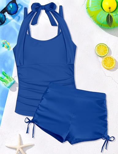 Image of Girls Swimsuit 2 Piece Halterneck Girls Tankini Swimsuit Drawstring Printed Swim Shorts Girl Bathing Suit for 7-18T