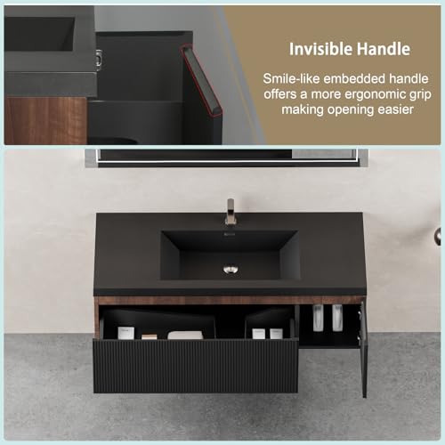 Image of Wall Mounted Bathroom Sink Vanity, Modern 48 inch Floating Vanity with Resin Basin, U-Shaped Soft-Close Storage Drawer & Side Door, Striped Bathroom Storage Cabinet with Invisible Handle, Black