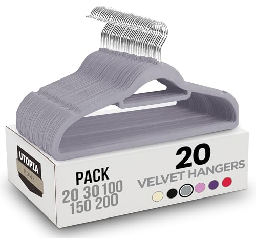 Utopia Home Pack of 20 Velvet Suit Hangers with Tie Bar - Heavy Duty Non-Slip Premium Hangers for Adult Clothes - 360 Degree Swivel Hook, Grey