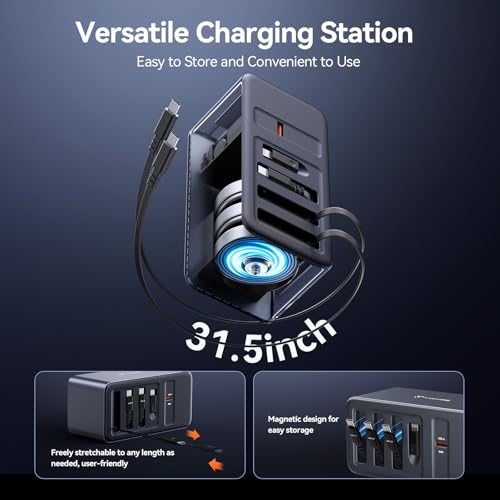 Image of TobenONE 165W USB C Charging Station with Built-in Retractable Cable(2.3ft) & Lightning Adapter, 3 USB C, 1 USB A, 100W Desktop Fast Charging for MacBook, iPhone 17, iPad, Samsung, Home, Office