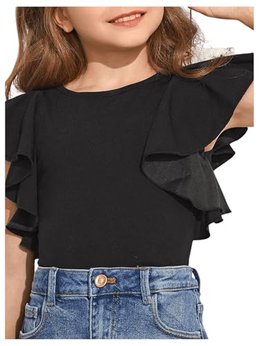 WDIRARA Girl's Ruffle Cap Sleeve Round Neck Cute Top T Shirt Solid Tee4