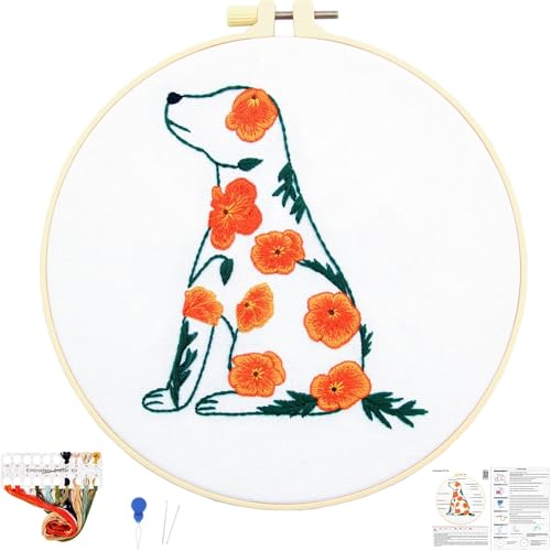 Image of Crafmanoe Flowers Dog Embroidery Kits for Beginners Adults, Hand Embroidery Starter Kits, Stamped Cross Stitch Kits DIY Needlepoint Kit for Beginners Adults, Embroidery Hoop, Thread and Video Tutorial