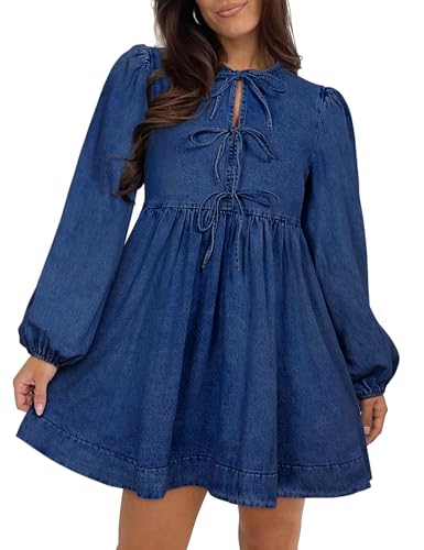 Qazel Vorrlon Denim Dress for Women Puff Long Sleeve Babydoll Jean Romper with Pockets Country Concert Blue Dresses 2025 Trendy