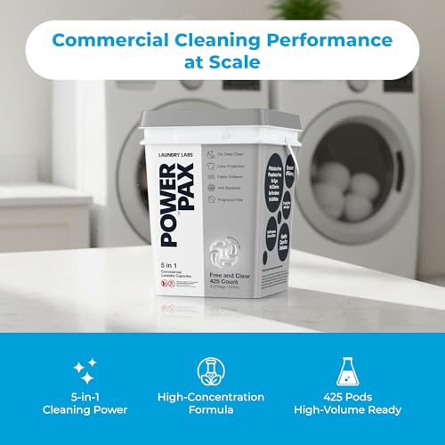 Image of PowerPax 5-in-1 Laundry Detergent Pods - 425 Count, Washer Pods with Stain Remover, Odor Control, Fabric Softener & Color Care for Commercial Laundry - Free and Clear