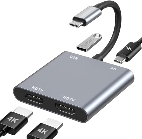 USB C auf Dual HDMI Adapter, 4 in 1 Typ C to HDMI Splitter for Dual Monitors mit 2 * 4K+USB 3.0+PD 100W, USBC Hub Multiport Adapter f&uuml;r MacBook Pro/Air, iPad, Surface, Dell, Chromebook