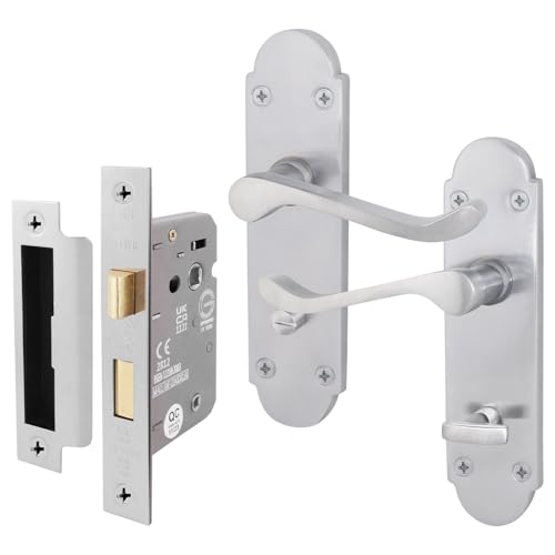EAI Satin Bathroom Door Handle Set - Victorian Scroll Shaped | 1 Pair of Internal Satin Chrome Lever Handles on Backplate with Lock (64mm)